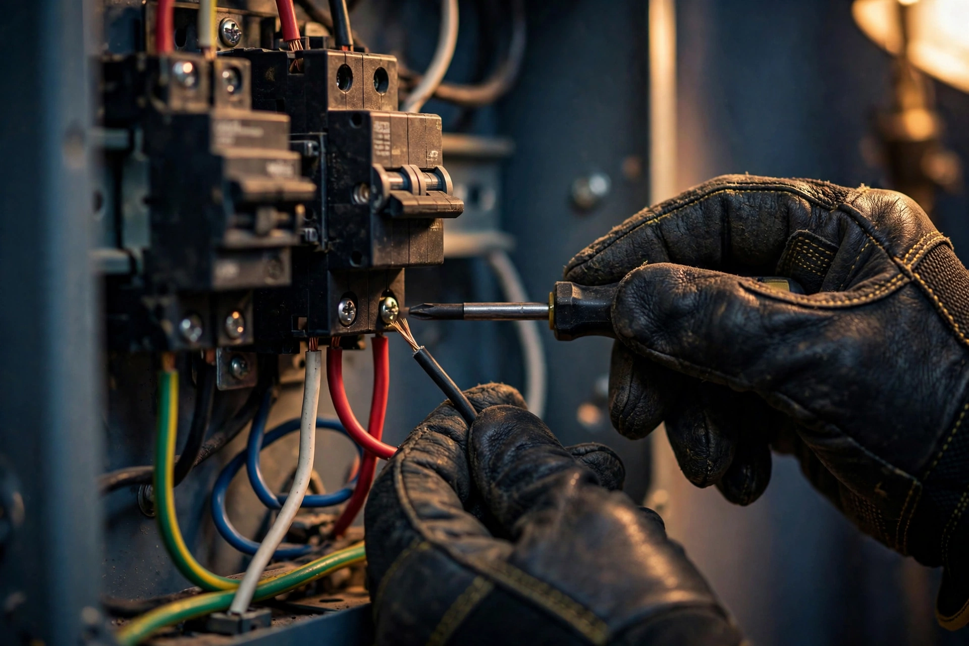 Electrician wiring a residential breaker panel