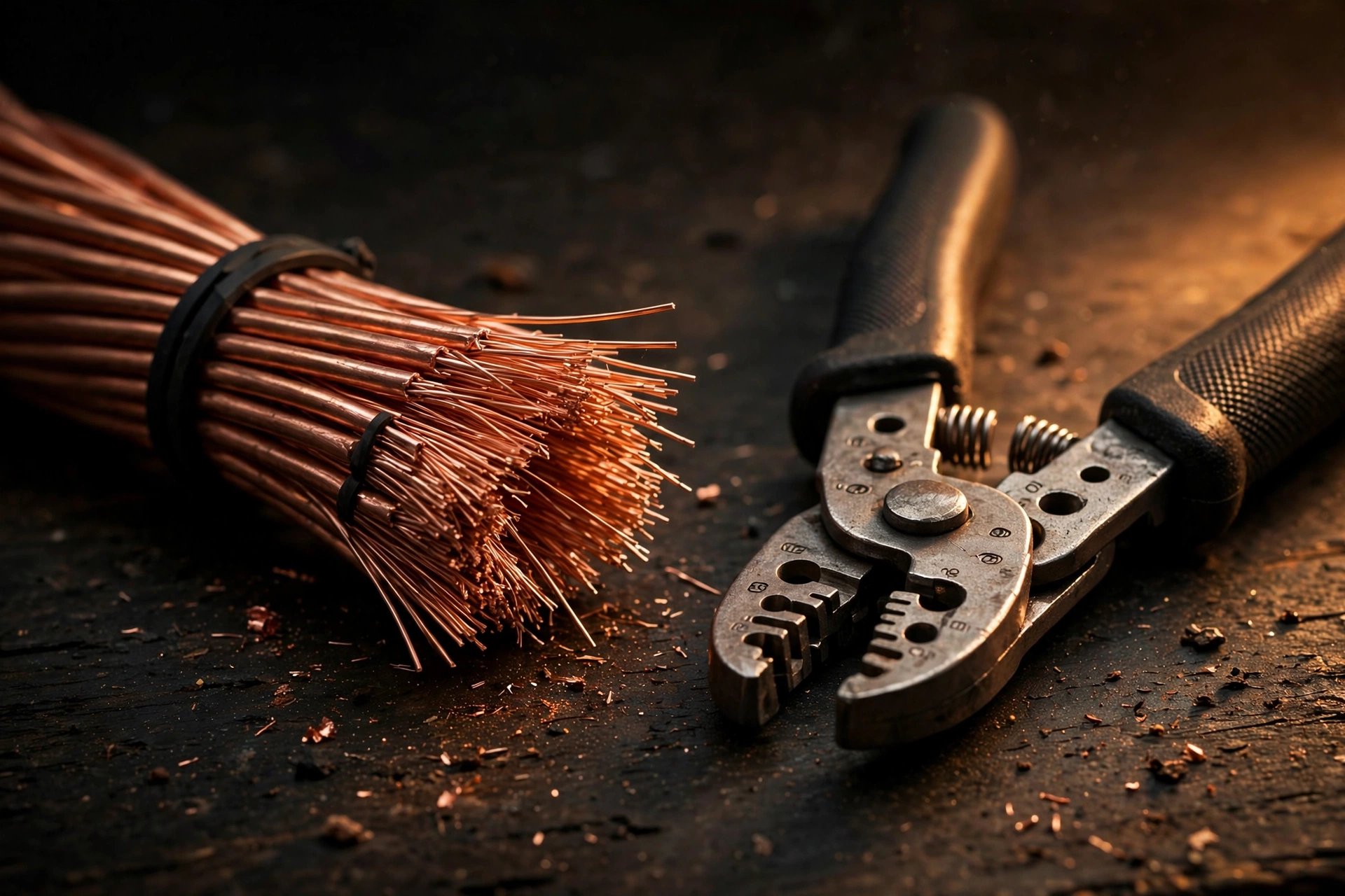 Copper wiring and electrician's tools